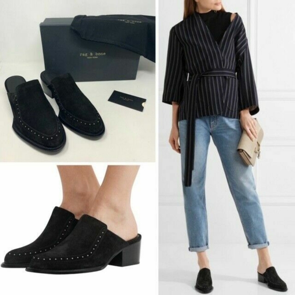RAG & BONE Weiss Black Suede Studded Mules 37 - Picture 2 of 8